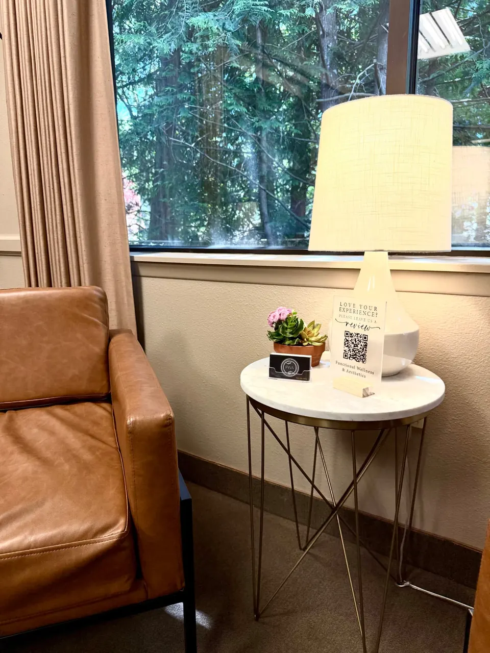 A quiet corner of the consultation area, looking out over the trees